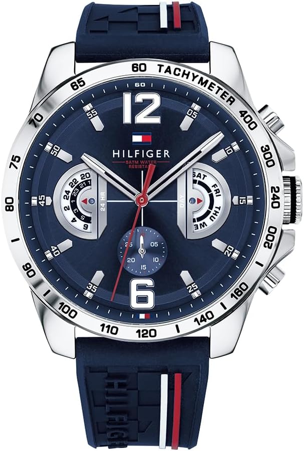 Tommy Hilfiger analogowy wielofunkcyjny zegarek kwarcowy dla mężczyzn z silikonem, stalą szlachetną lub skórzaną bransoletką, podtarczami na dzień i datę, wodoszczelny do 5 ATM.