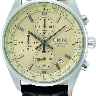 Seiko Męski zegarek kwarcowy stal szlachetna ze skórzanym paskiem, beżowy, chronograf