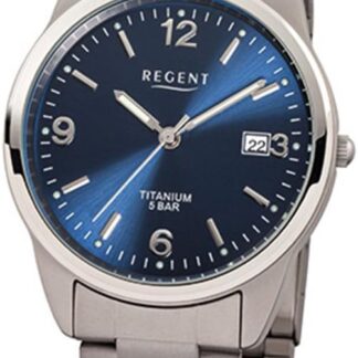 REGENT Zegarek męski z tytanowymi ogniwami bransoletka i tytanowa obudowa 36 mm średnica kwarcu cyfry arabskie data, niebieski, bransoletka