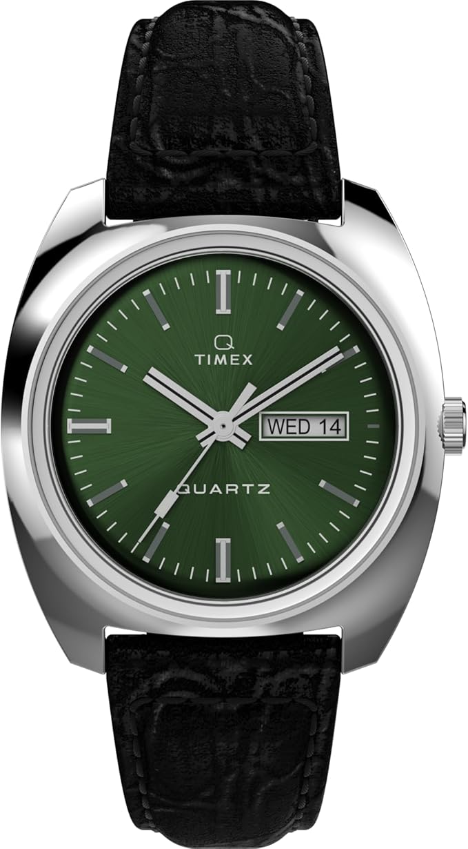 Timex Q zegarek męski 37,5 mm – czarny pasek dwuczęściowy szybkiego zakładania, zielona tarcza, koperta ze stali nierdzewnej, TW2W44700