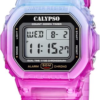 CALYPSO Męski i damski zegarek cyfrowy - gumowy unisex - wodoodporny 5 ATM data i kalendarz, chronograf, podwójny harmonogram, światło, alarm, 12 i 24 godziny K5874 - kolor Splash