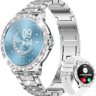 LIGE Damski smartwatch z połączeniem Bluetooth, 1,32" Diamentowy Smartwatch, Monitor snu, Cykl menstruacyjny, krokomierz, 500+ Inteligentny zegarek na Androida iOS, srebrna stal nierdzewna