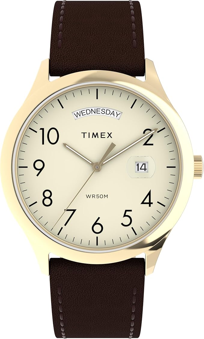 Timex Easy Reader Zegarek męski 40 mm – brązowy skórzany pasek kremowa tarcza koperta w kolorze złotym TW2W68400