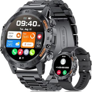 LIGE Wojskowy smartwatch dla mężczyzn (2 paski), wytrzymały smartwatch HD AMOLED 3.6 cm (odpowiedź/nawiązywanie połączeń) do systemu Android iOS, zegarek fitness, czarny zegarek sportowy z 120 trybami