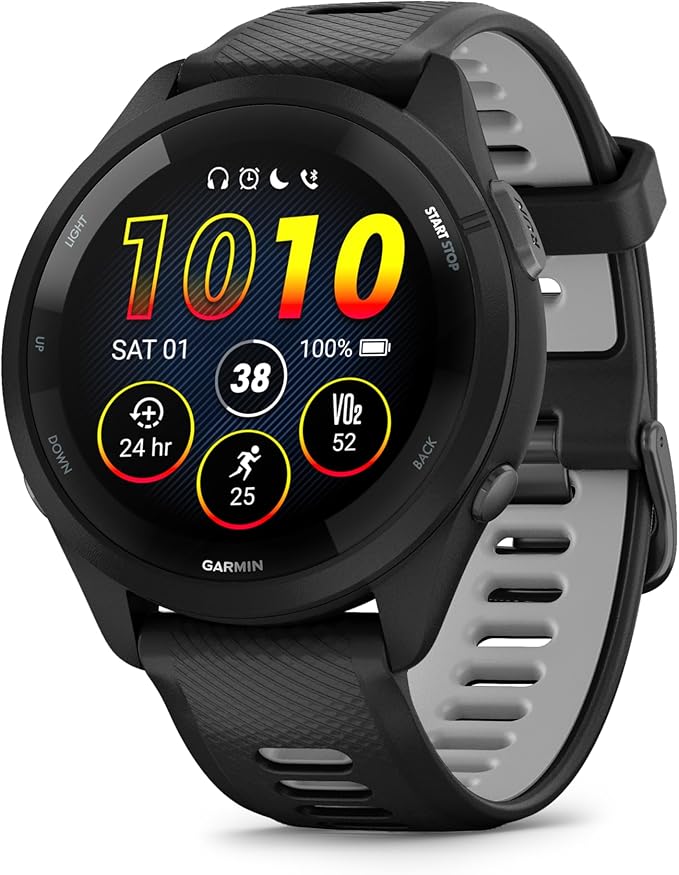 Garmin Forerunner 265 Smartwatch Do Biegania GPS 46mm, AMOLED, HRV Status, Do 13 Dni na Baterii, Czarny | Ekran dotykowy 46 mm 1,3 Amoled, wbudowany wielopasmowy GPS, wskaźniki szkoleniowe i analizy dotyczące odzyskiwania
