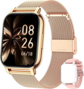 Popglory Damski smartwatch, funkcja odbierania połączeń, pomiar ciśnienia krwi, tętna i snu, ponad 100 sportów, Android, iOS